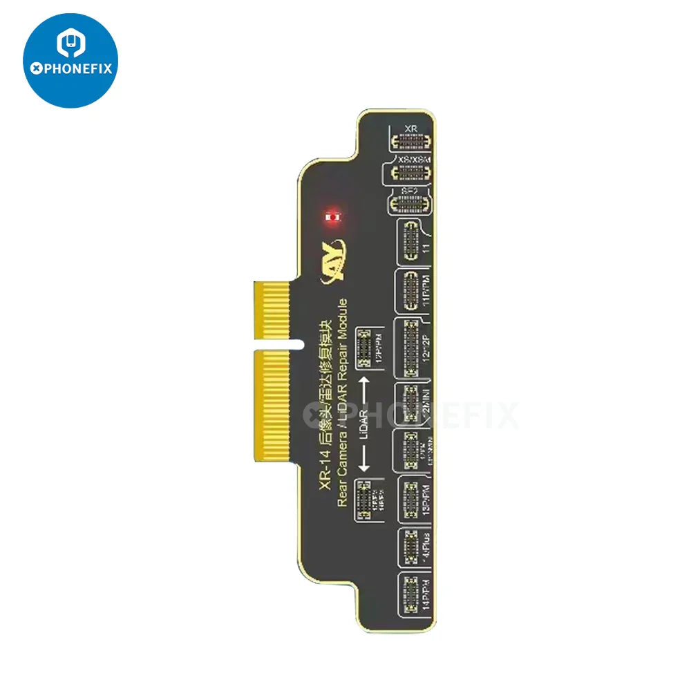 AY A108 Rear Camera Tag-on Repair FPC for iPhone 12-15 series, face ID repair tool, shown on a repair workspace.