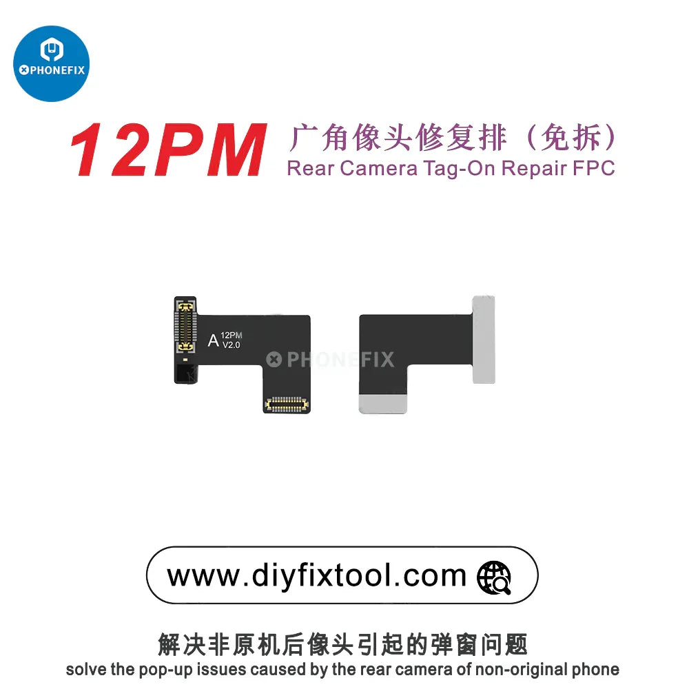 PhoneFix AY A108 rear camera tag-on repair FPC for iPhone 12-15 series, face ID repair tool, shown with iPhone 12 Pro Max.