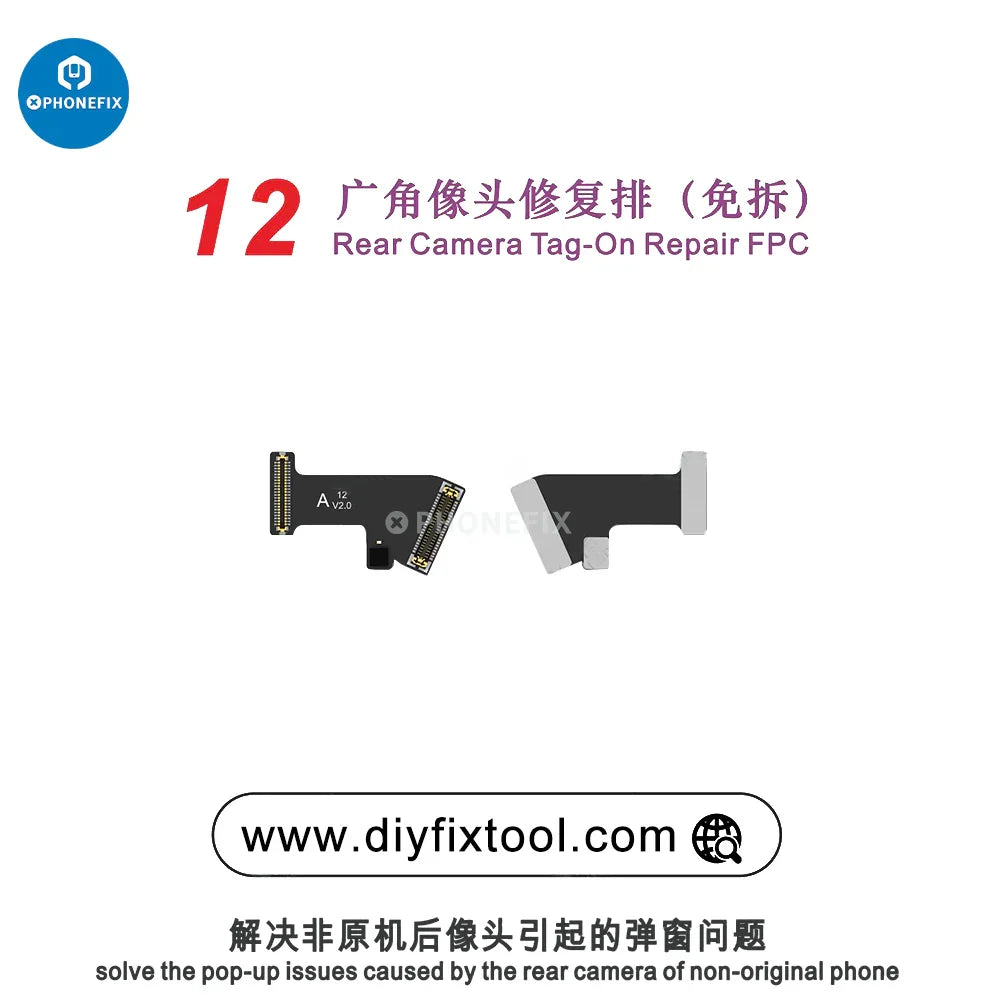 PhoneFix AY A108 rear camera tag-on repair FPC for iPhone 12-15 series, face ID repair tool, close-up view of the component