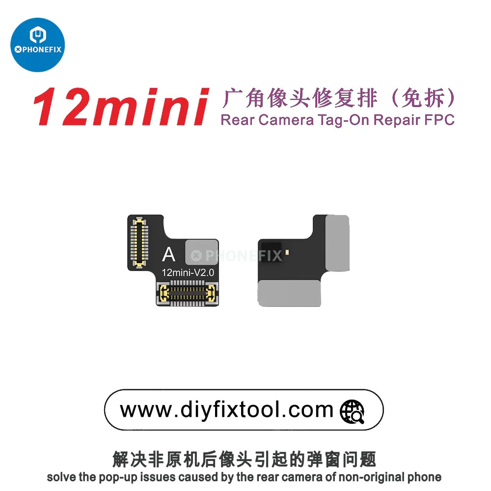 PhoneFix AY A108 rear camera tag-on repair FPC for iPhone 12-15 series, face ID repair tool, shown on iPhone 12 mini.