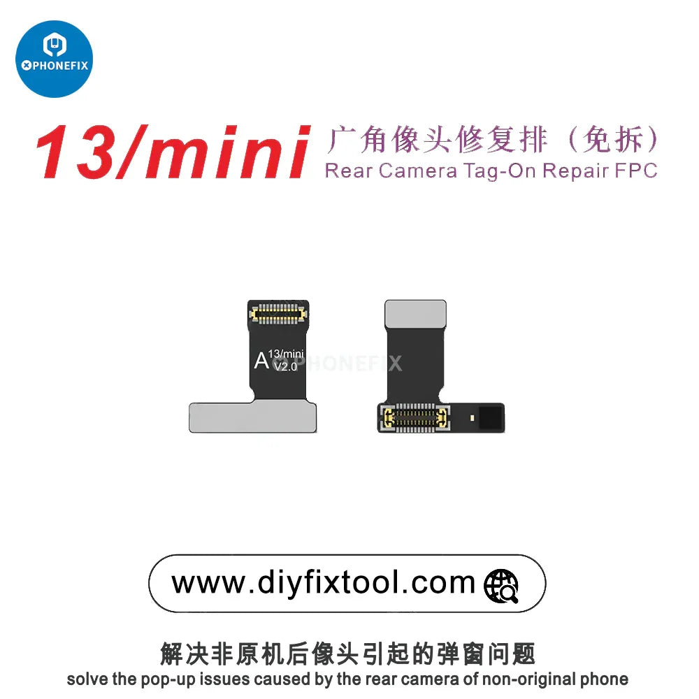 PhoneFix AY A108 rear camera tag-on repair FPC for iPhone 12-15 series, showing the small connector and flexible cable.