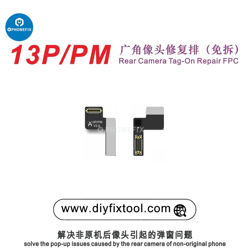 PhoneFix AY A108 rear camera tag-on repair FPC for iPhone 12-15 series, with face ID repair tool shown on iPhone 13 Pro Max.