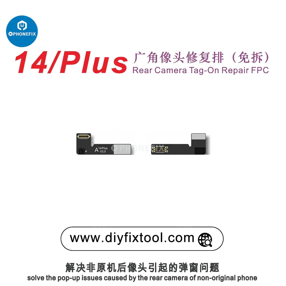PhoneFix AY A108 rear camera tag-on repair FPC for iPhone 12-15 series, showing the small flexible circuit for Face ID repair.