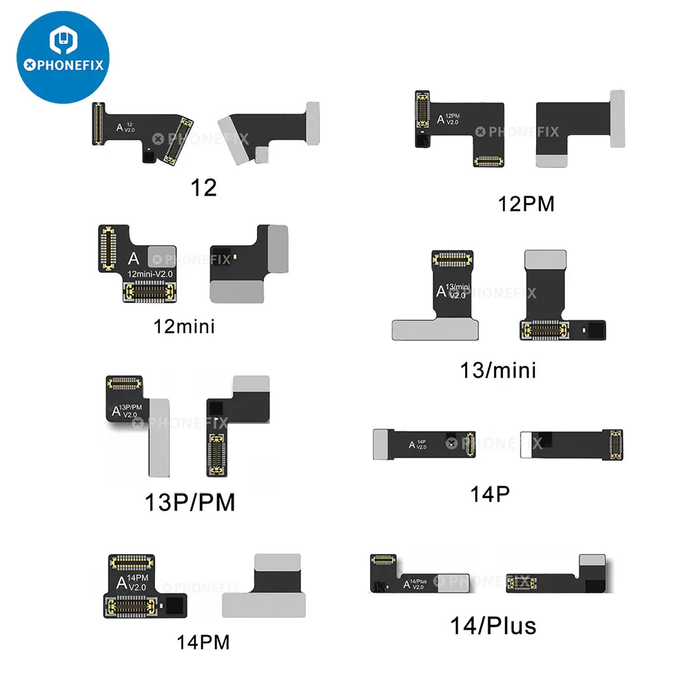 PHONEFIX AY A108 rear camera tag-on repair FPC for iPhone 12-15 series, showing the flexible circuit component for Face ID repairs.