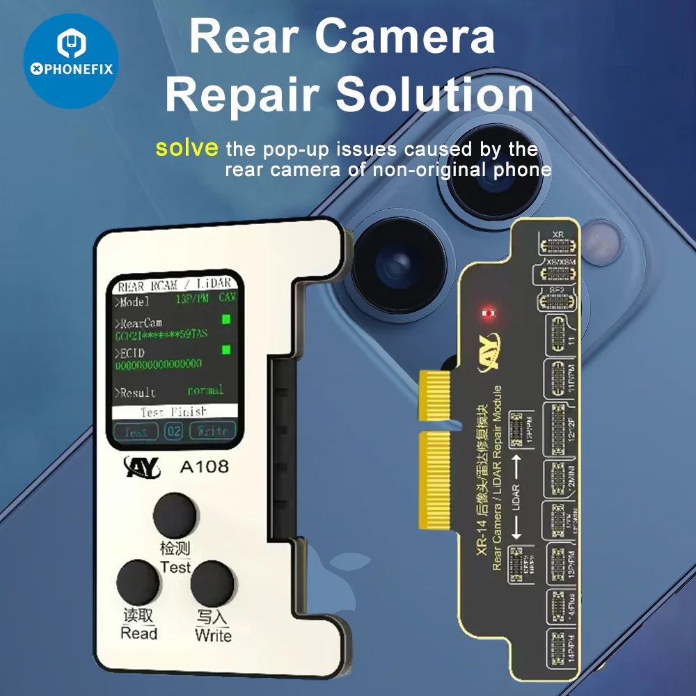 PHONEFIX AY A108 rear camera tag-on repair FPC for iPhone 12-15 series, showing the small connector and circuit components.