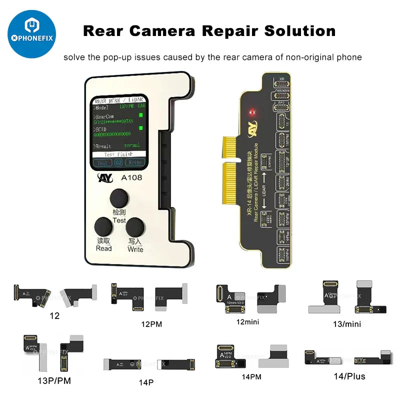AY A108 Rear Camera Tag-on Repair FPC for iPhone 12-15 series, showing the small repair component on a white background.