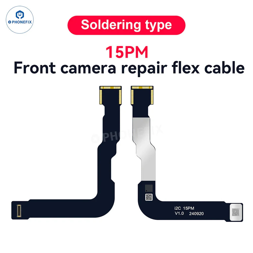iPhone 14-15 Pro Max front camera FPC repair cable for Face ID repair, branded PHONEFIX, shown on a repair workspace