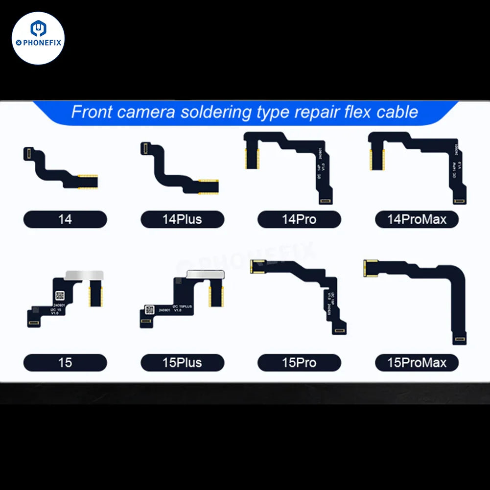 PHONEFIX iPhone 14-15 Pro Max front camera FPC cable for Face ID repair, showing the replacement flex cable in a repair tool kit.