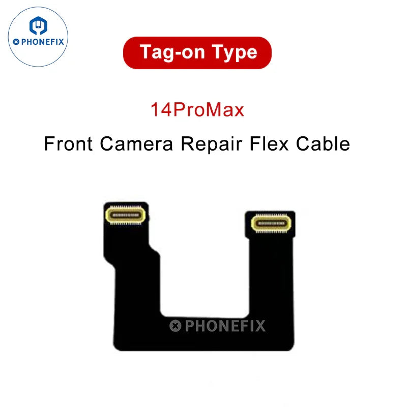 iPhone 14-15 Pro Max i2C front camera FPC repair cable for Face ID repair by PHONEFIX, shown with connector details.