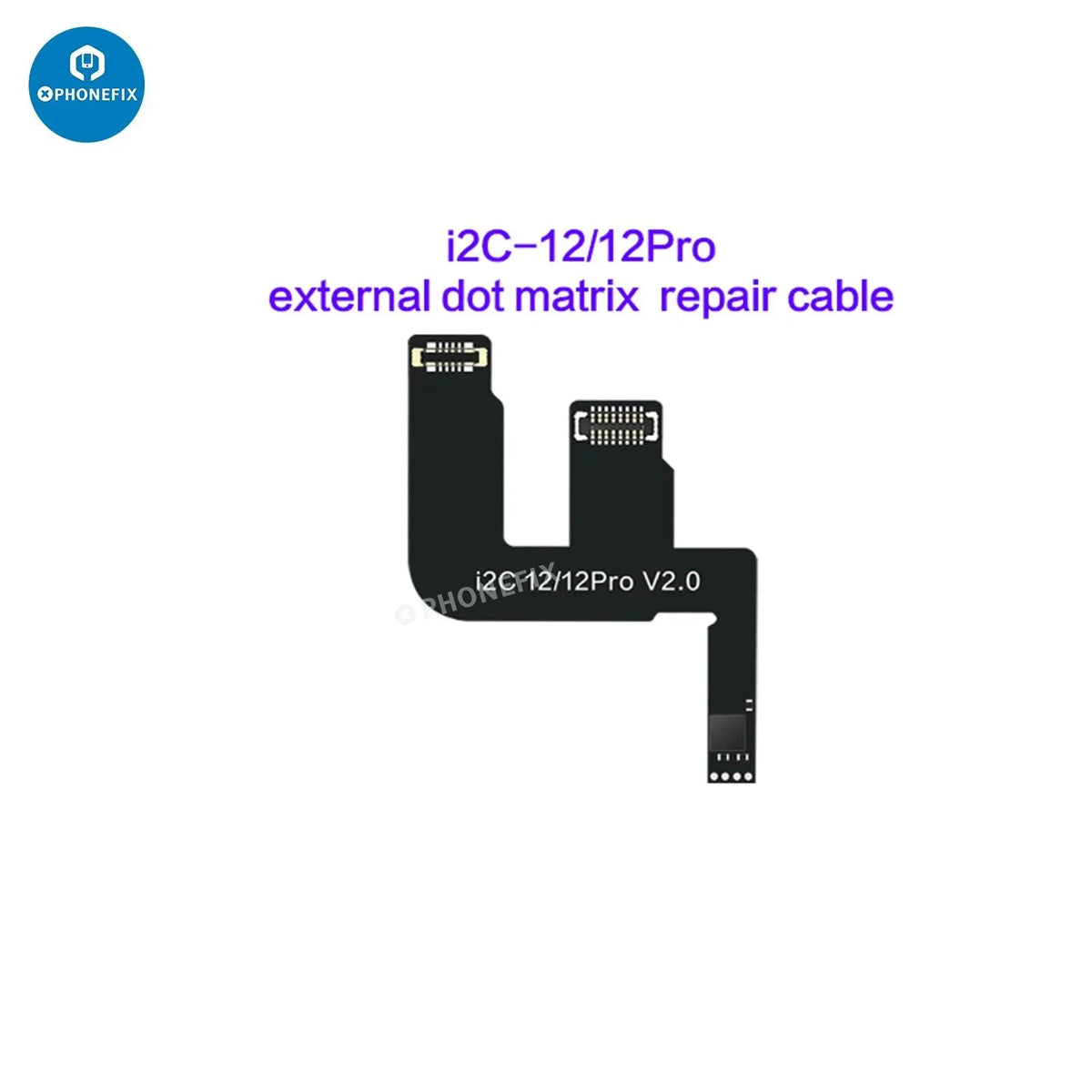 PHONEFIX i2C Dot Matrix Repair Cable for iPhone Face ID, enables repair without soldering, shown connected to iPhone components.