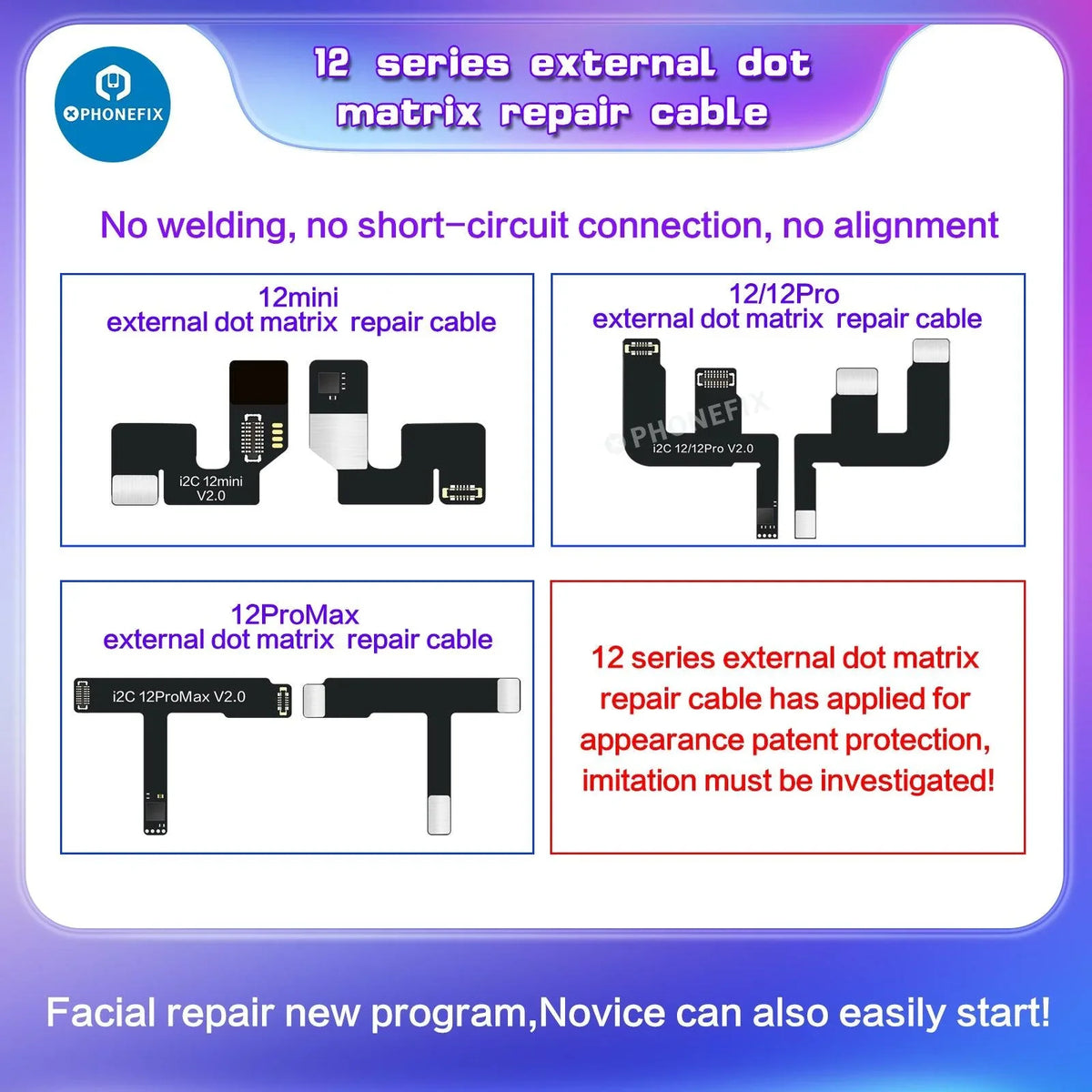iPhone Face ID repair tool with i2C Dot Matrix Fix Cable from PHONEFIX, used for solderless iPhone Face ID repairs.