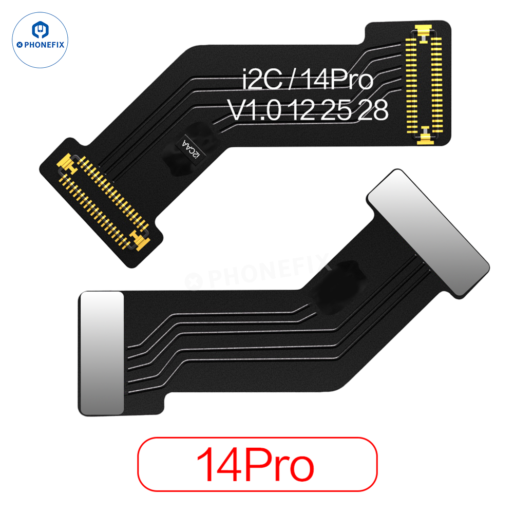 PHONEFIX i2C Dot Matrix Face ID Repair Tool for iPhone 14 Pro, used to fix Face ID without soldering, showing the cable and connector.