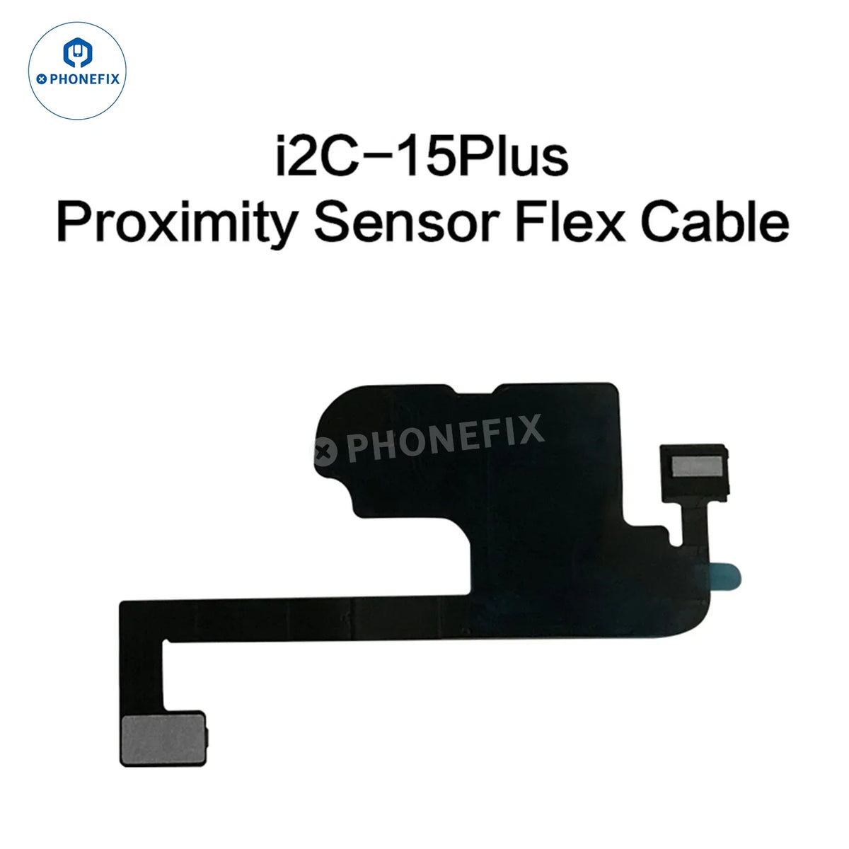 iPhone 15 Plus Pro Max Face ID repair tool with i2C earpiece sensor flex cable by PHONEFIX, showing flexible connector and small components.