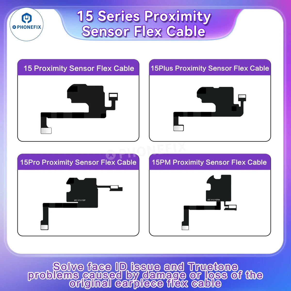 i2C earpiece sensor flex cable for iPhone 8-15 Pro Max, used in Face ID repair, by PHONEFIX, shown on repair tool.