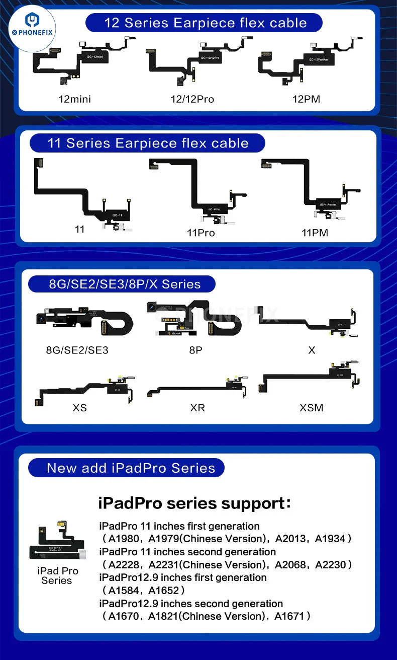 i2C earpiece sensor flex cable for iPhone 8-15 Pro Max, used as a Face ID repair tool, with connectors and flexible cable visible