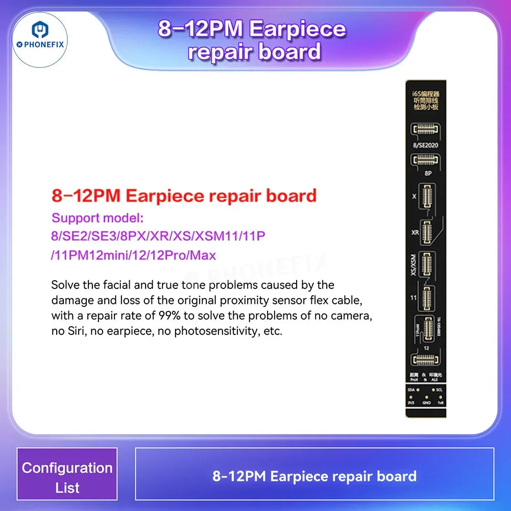 Programmateur de téléphone i2C i6S A8S pour la réparation des écrans True Tone et Face ID de l'iPhone par PHONEFIX, présentant l'appareil et les outils de réparation.