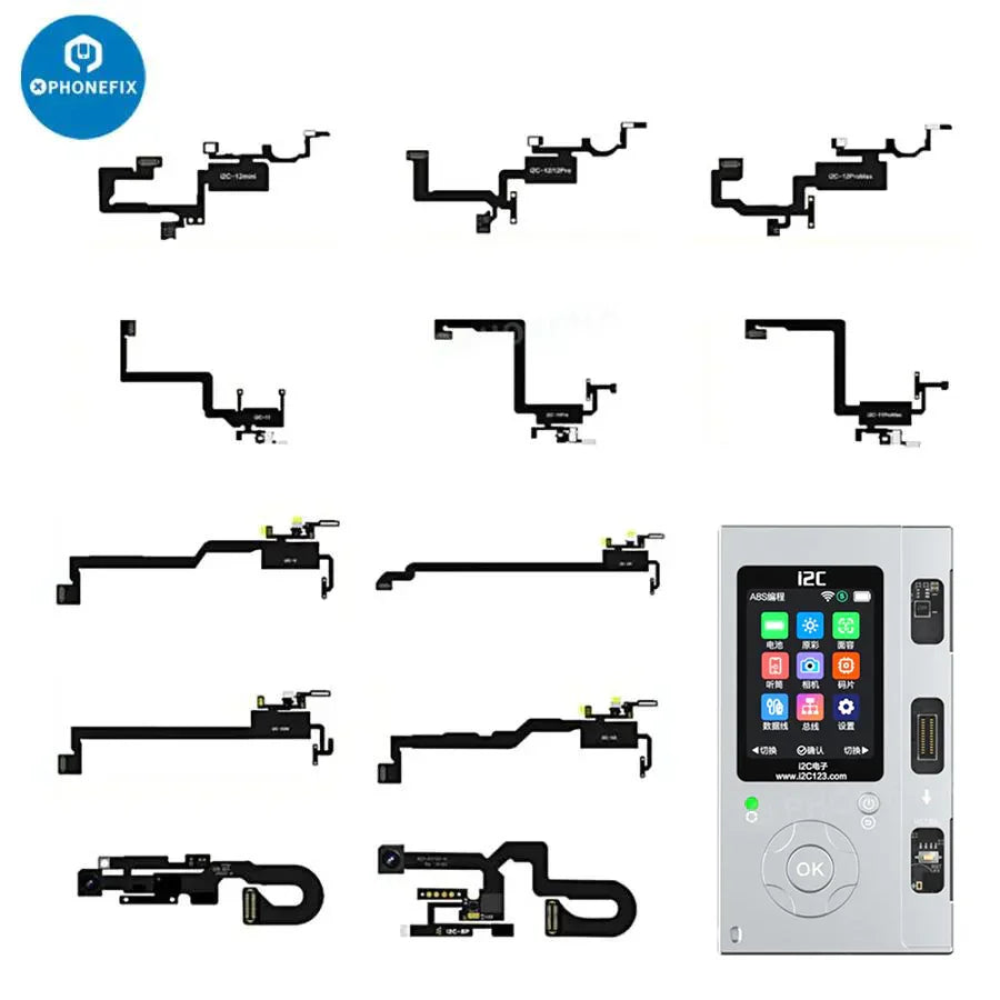 iPhone 8-15 Pro Max earpiece sensor flex cable for Face ID repair, by PHONEFIX, shown with connector and flex cable details.