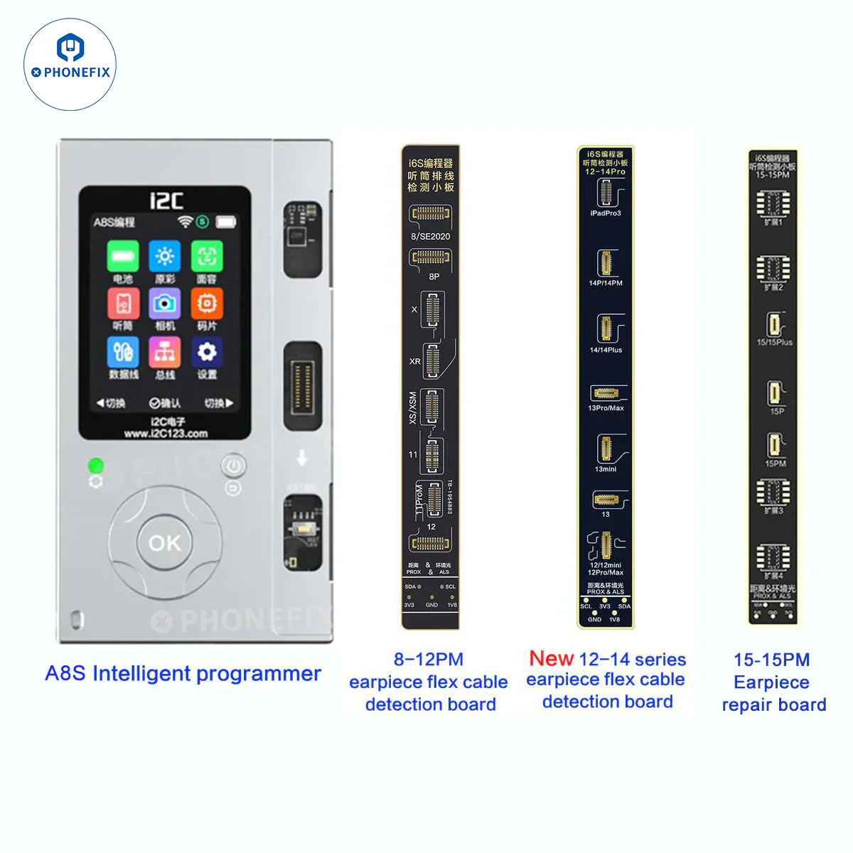 i2C earpiece sensor flex cable for iPhone 8 to 15 Pro Max, used as a Face ID repair tool, with delicate connector components.