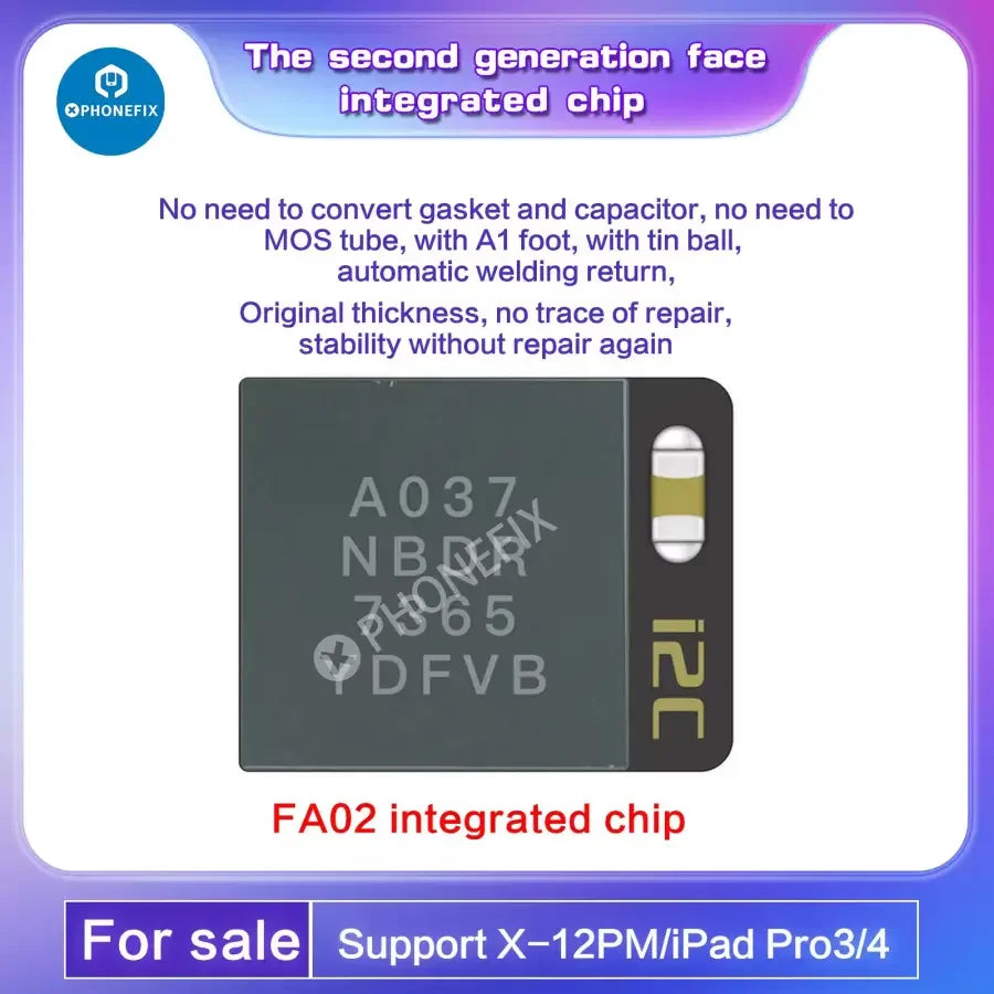 i2C FA02 FA05 Face ID repair integrated chip for iPhone X to 15 Pro Max, shown as a dot matrix IC on a repair tool.