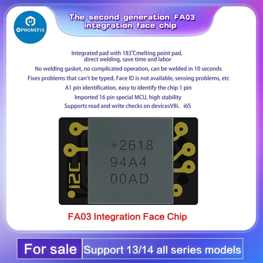 i2C FA02 Face ID Repair Integrated Chip for iPhone X to 15 Pro Max, showing the dot matrix IC for phone repair.