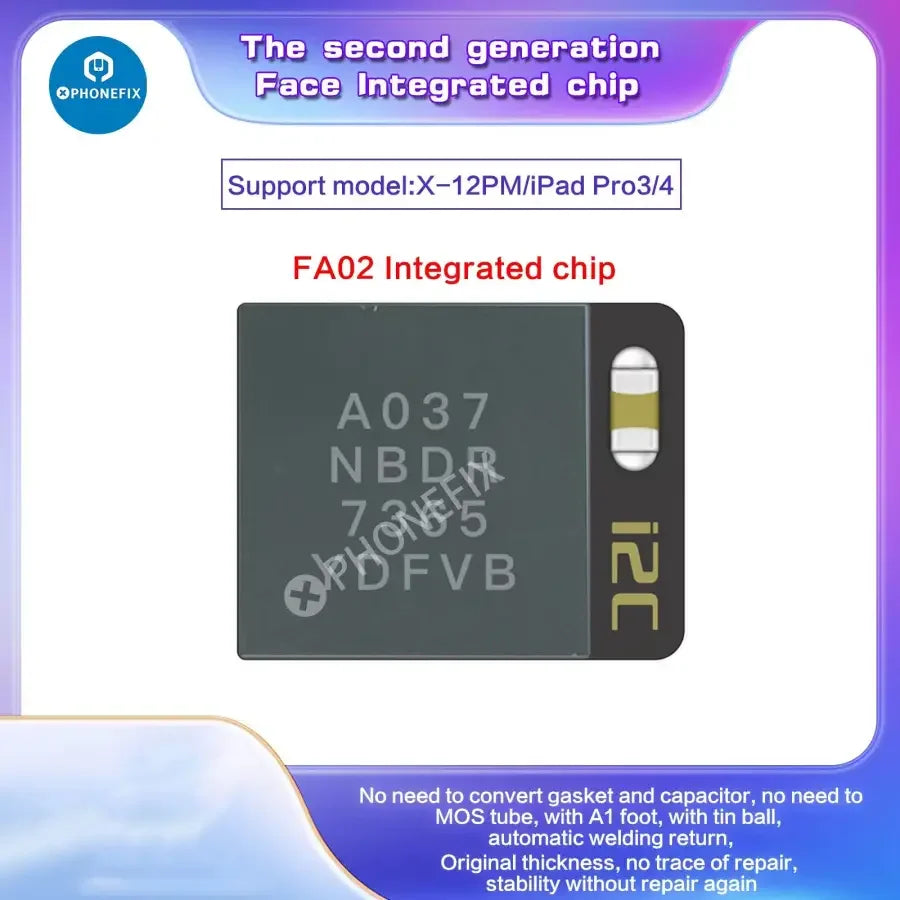 i2C FA02 Face ID repair integrated chip for iPhone X to 15 Pro Max, shown on a face ID repair tool by PHONEFIX