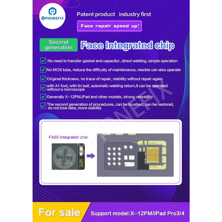 i2C FA02 FA05 Face ID repair integrated chip for iPhone X to iPhone 15 Pro Max, shown on a repair tool for iPhone Face ID modules.