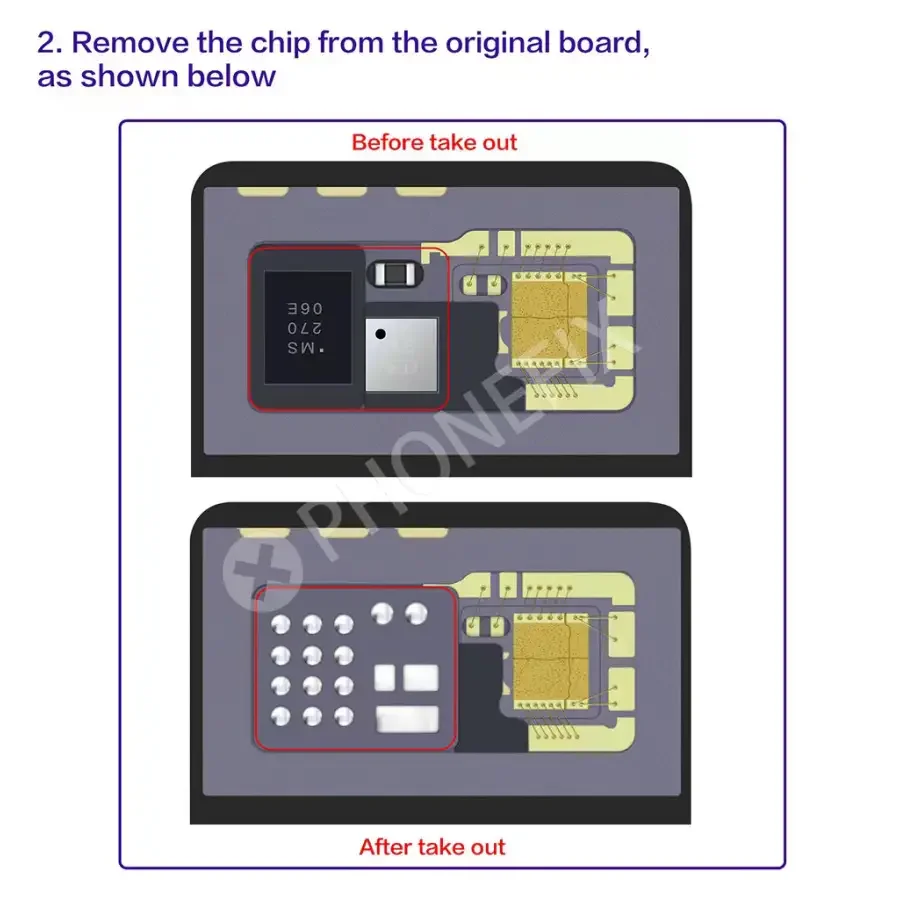 i2C FA02 FA05 Face ID repair integrated chip for iPhone X to Pro Max, shown as a small dot matrix IC component used in repair tools