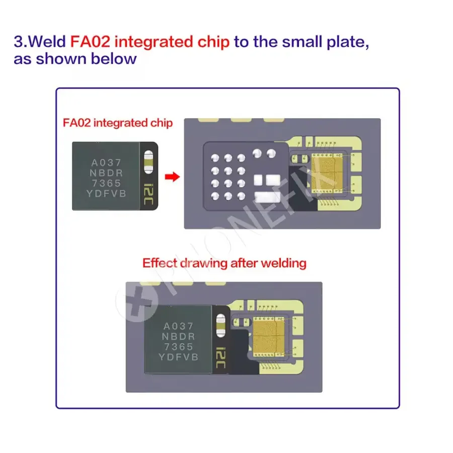 i2C FA02 Face ID repair integrated chip for iPhone X to 15 Pro Max, shown on a face ID repair tool by PHONEFIX