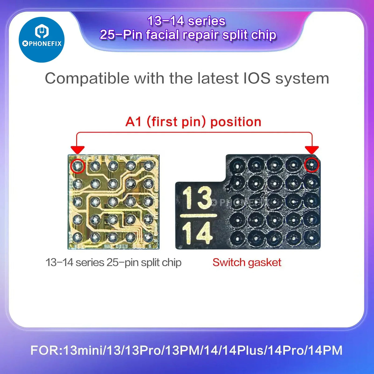 PHONEFIX Face ID repair tool chip for iPhone X to 15 Pro Max, integrated chip for Face ID repair, shown in image 1314splitchip.jpg.