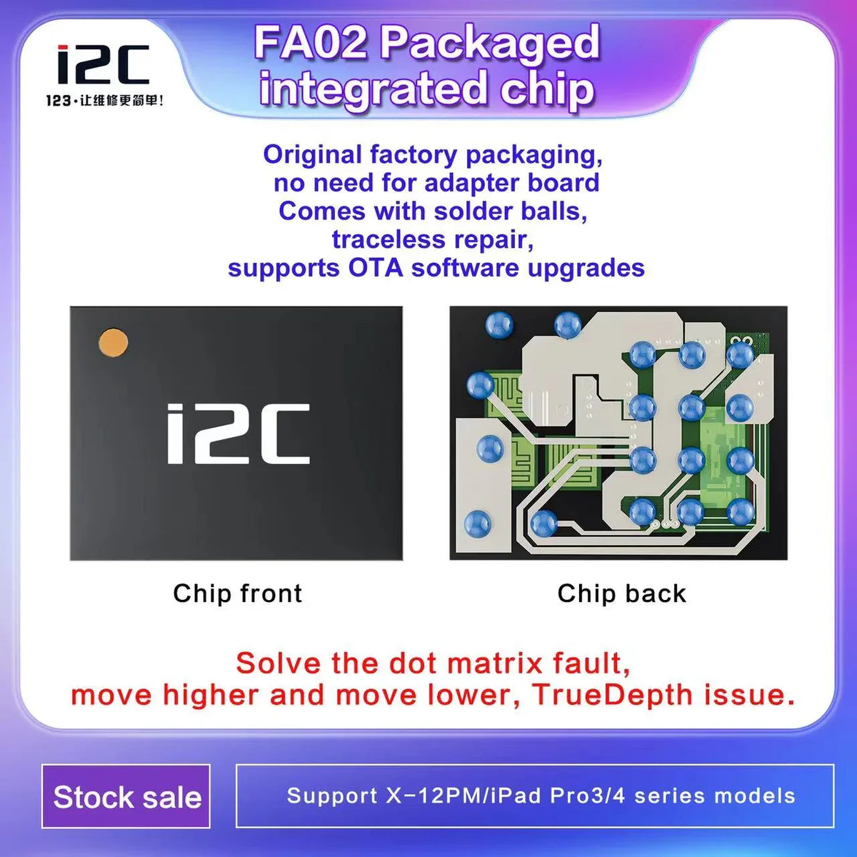 i2C FA02 Face ID repair integrated chip for iPhone X to 15 Pro Max, shown on repair tool with close-up view