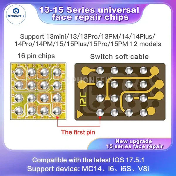 i2C FA02 FA05 Face ID Repair Integrated Chip for iPhone X to 15 Pro Max, shown on repair tool for iPhone Face ID repair.