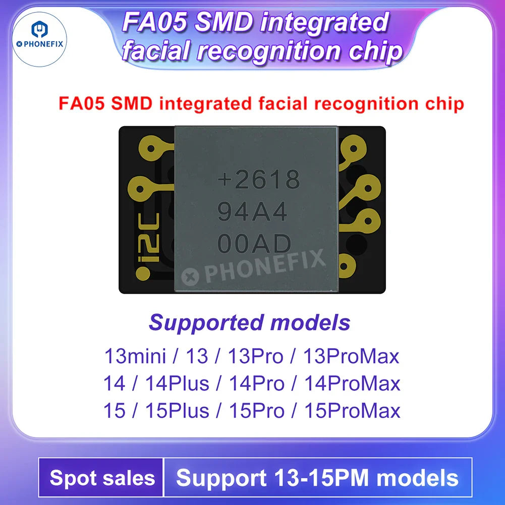 PHONEFIX i2C FA02 FA05 Face ID Repair Integrated Chip for iPhone X to 15 Pro Max face ID repair tool, showing the small electronic chip.