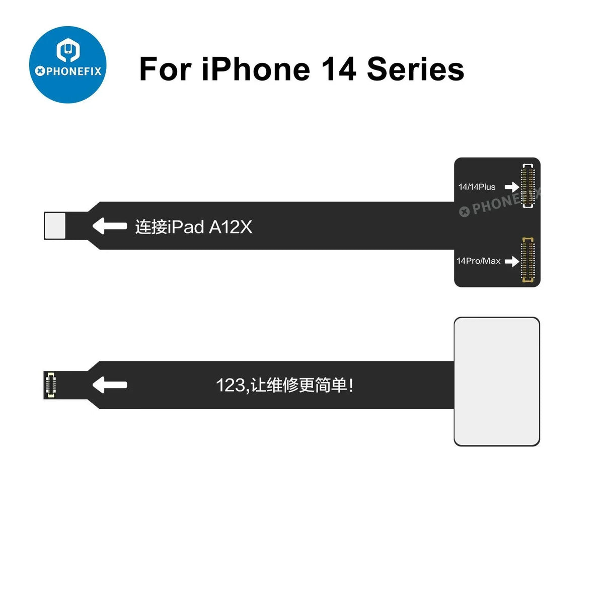 iPhone 12-14 Pro Max Face ID repair tool by PHONEFIX with I2C Dot Matrix extension test cable for Face ID testing.