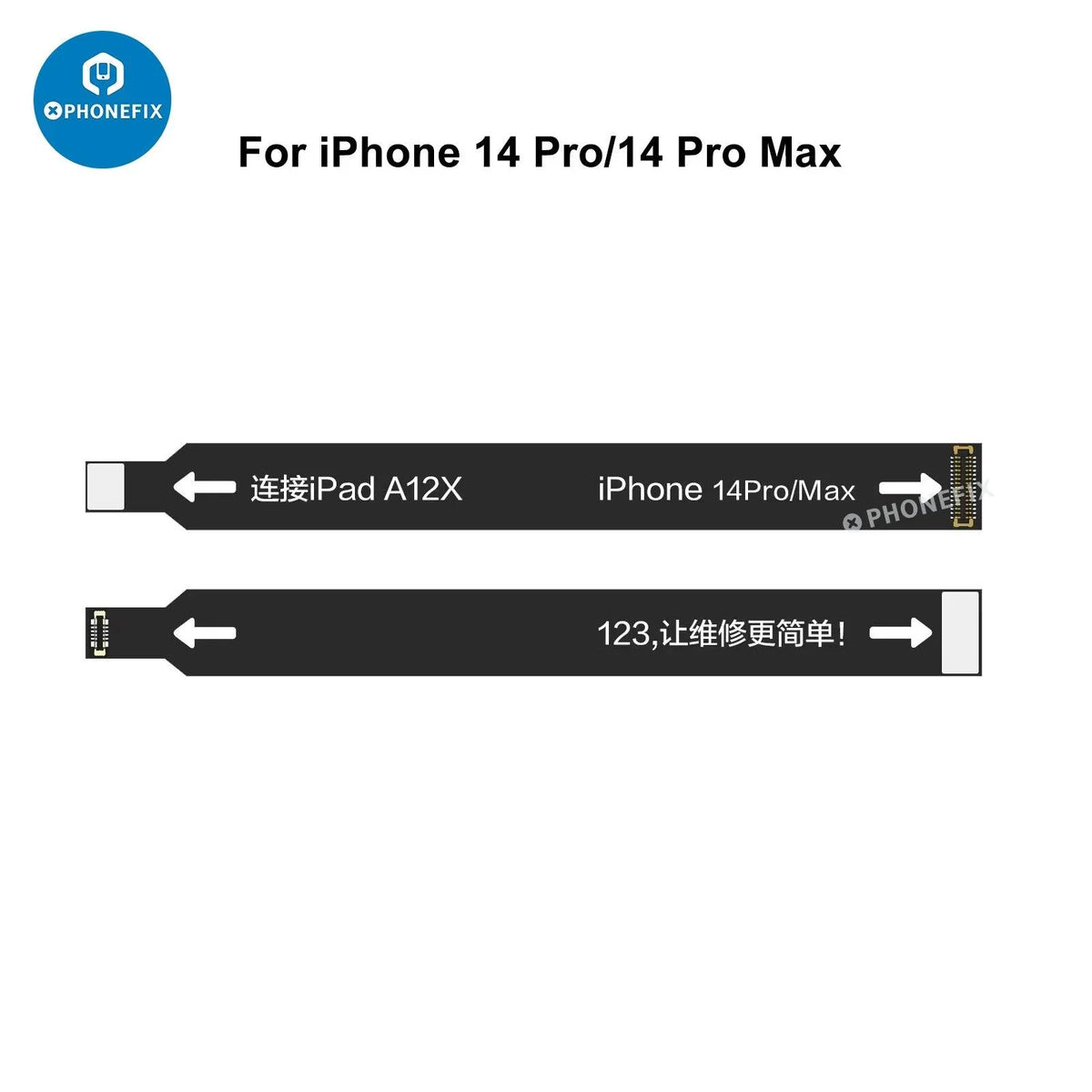 PhoneFix Face ID repair tool with i2C dot matrix extension test cable for iPhone 12-14 Pro Max, used for Face ID repairs.