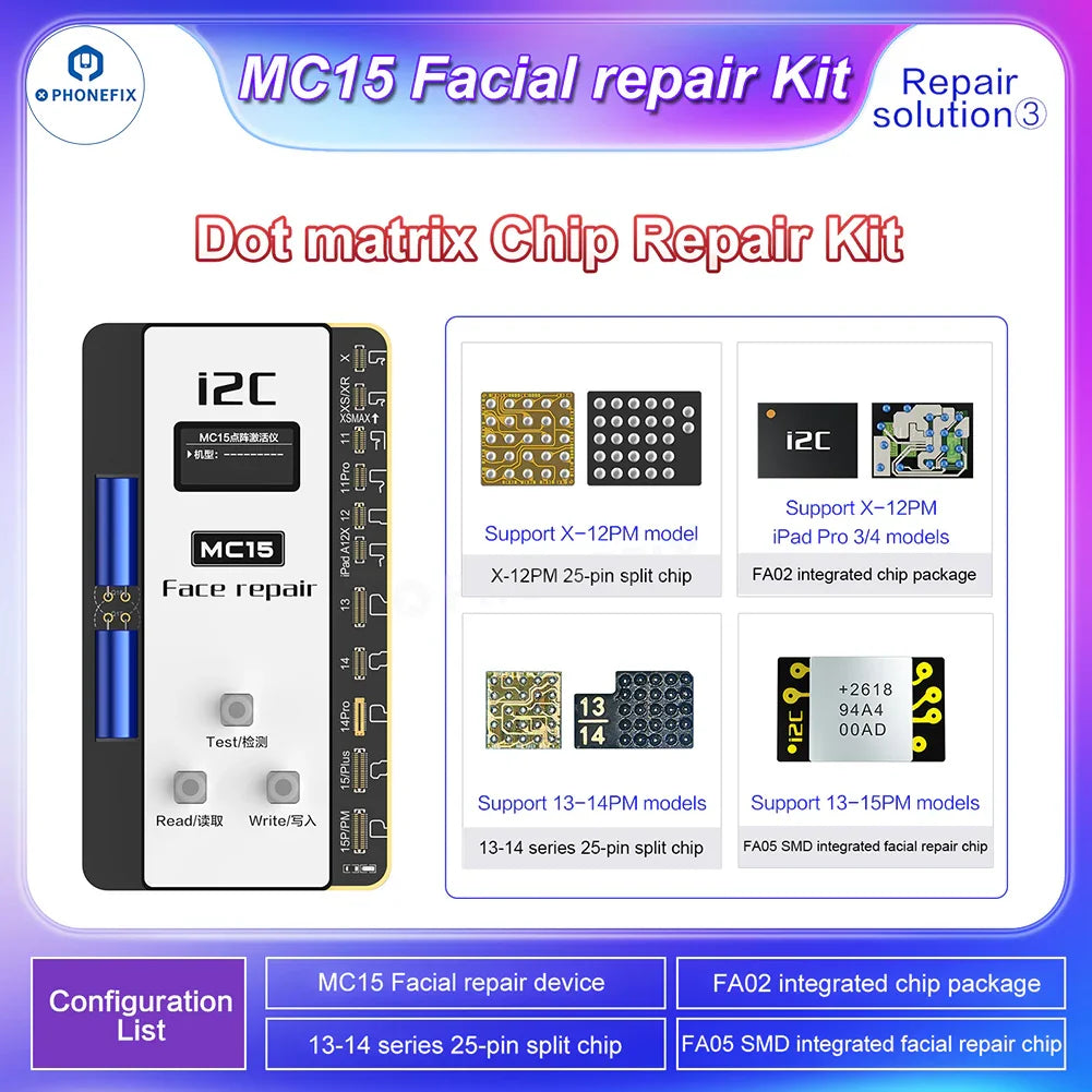 i2C MC15 Dot Matrix Face ID Repair Tool for iPhone X-15PM by PHONEFIX, showing the device with its screen and repair components