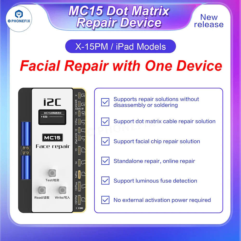 PHONEFIX i2C MC15 Dot Matrix Face ID Repair Tool for iPhone X-15PM, shown with electronic device components.