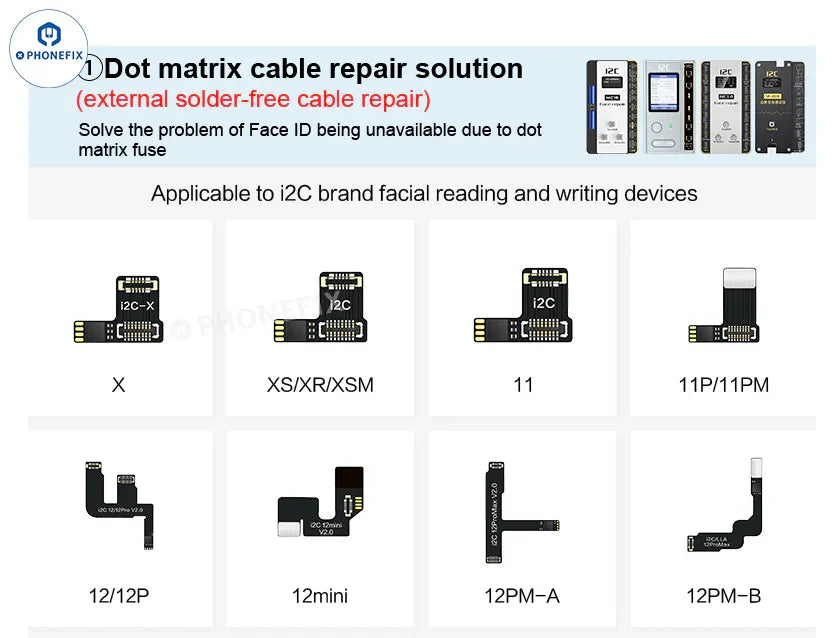 i2C MC15 Dot Matrix Face ID Repair Tool for iPhone X to 15PM by PHONEFIX, showing the compact repair instrument with detailed components