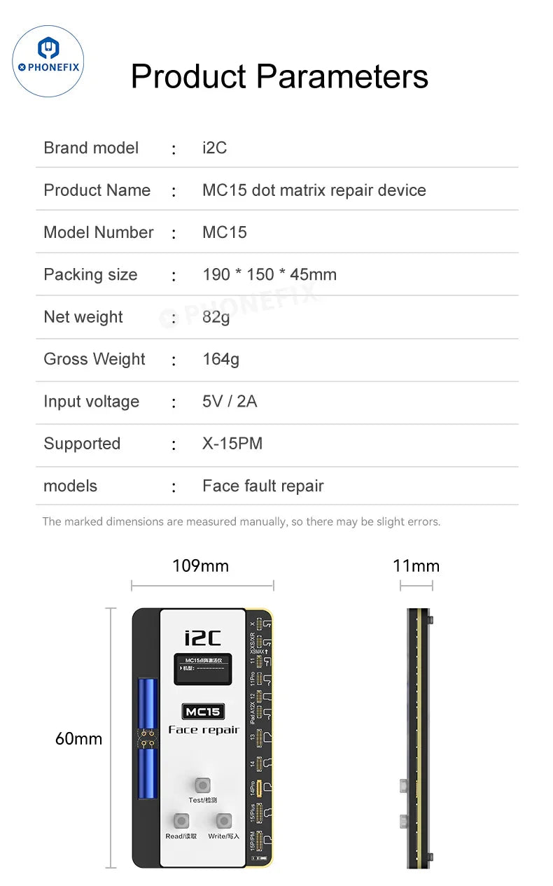 i2C MC15 Dot Matrix Face ID Repair Tool for iPhone X-15PM by PHONEFIX, shown with device components for Face ID repair.