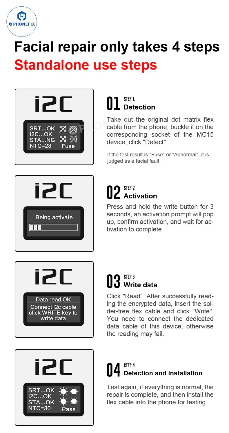 PHONEFIX i2C MC15 Dot Matrix Face ID Repair Tool for iPhone X-15PM, used for iPhone Face ID repair and calibration.