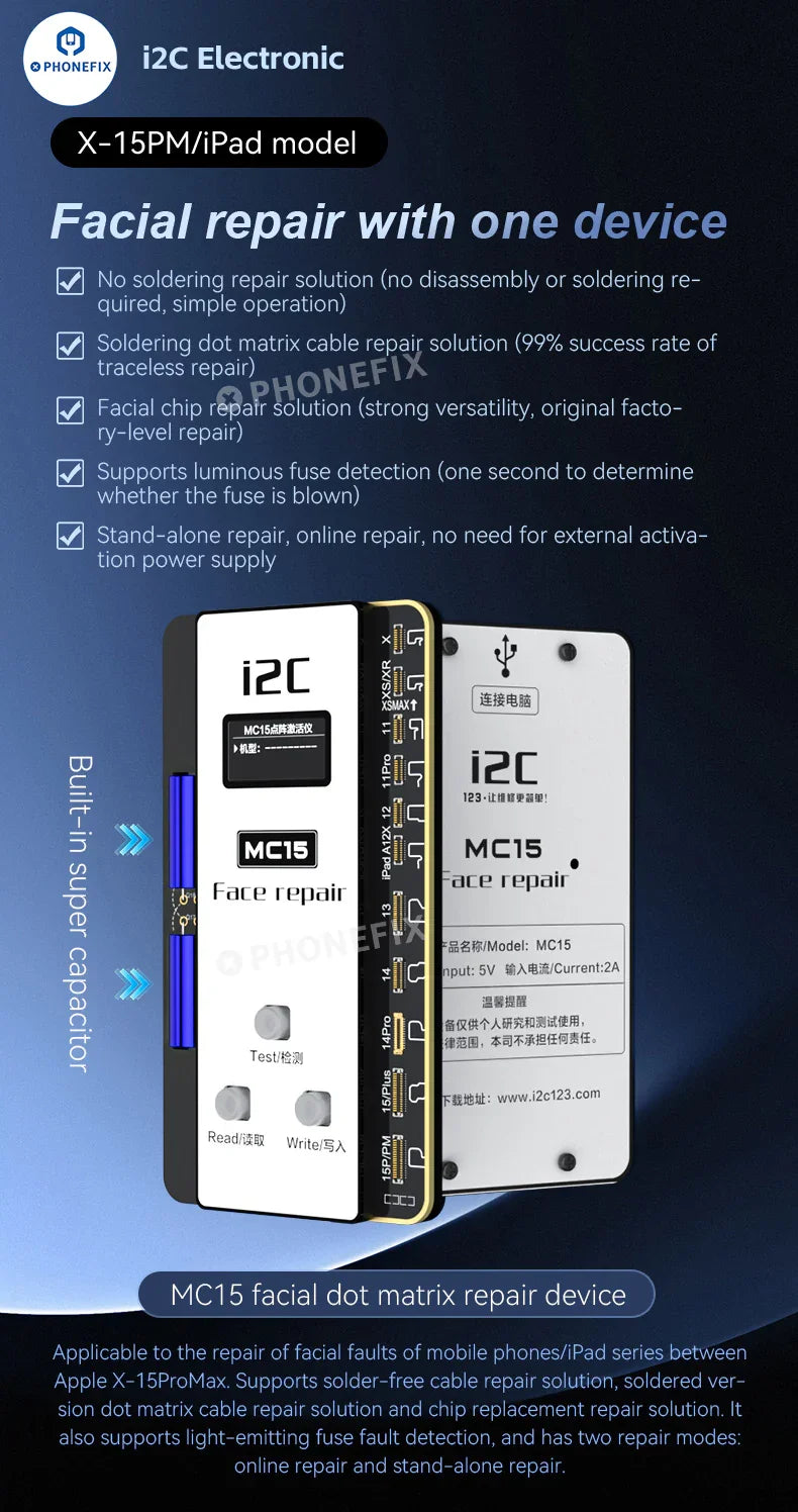 PHONEFIX i2C MC15 Dot Matrix Face ID Repair Tool for iPhone X-15PM, close-up view of the device used for Face ID repair.
