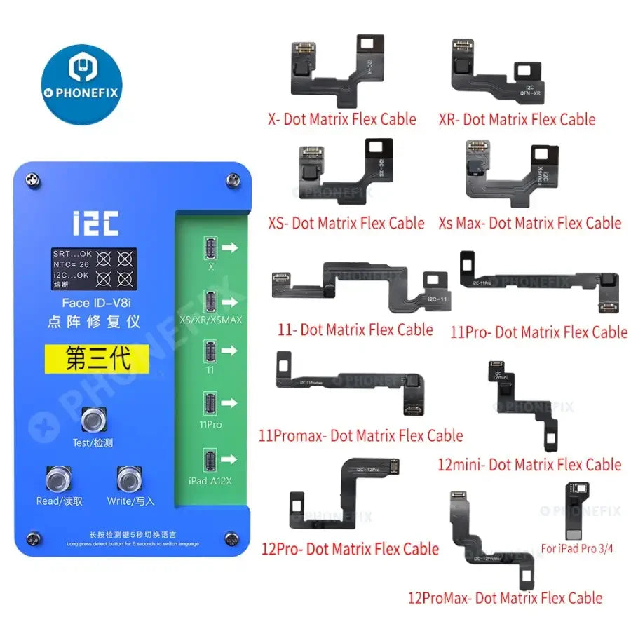 i2C V8i 3rd Gen Dot Projector Flex Cable for iPhone Face ID repair, showing flexible connector and small electronic components.
