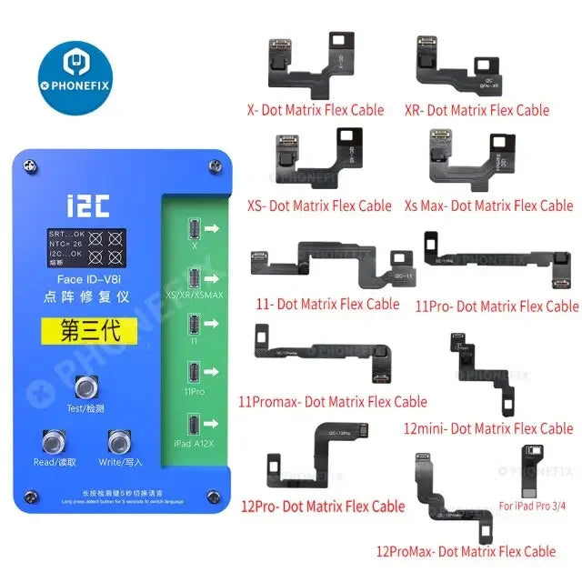 i2C V8i 3rd Gen Dot Projector Flex Cable for iPhone Face ID repair, showing the flexible connector and small electronic components.