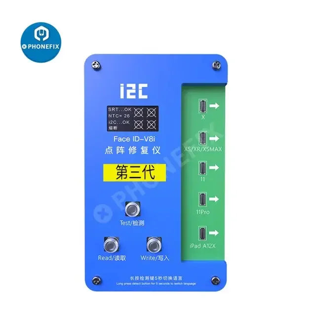 i2C V8i 3rd Gen Dot Projector Flex Cable for iPhone Face ID repair by PHONEFIX, showing the flexible connector and small components.