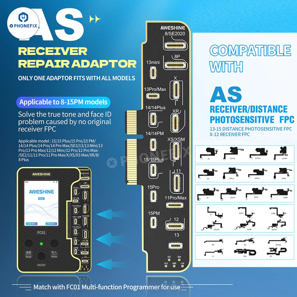 Aweshine FC01 earpiece speaker FPC cable for iPhone Face ID repair, showing detailed connector and cable components.