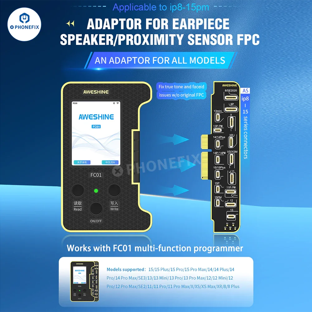 Aweshine FC01 iPhone Face ID repair earpiece speaker FPC cable for PHONEFIX repair tool, showing close-up of cable component.