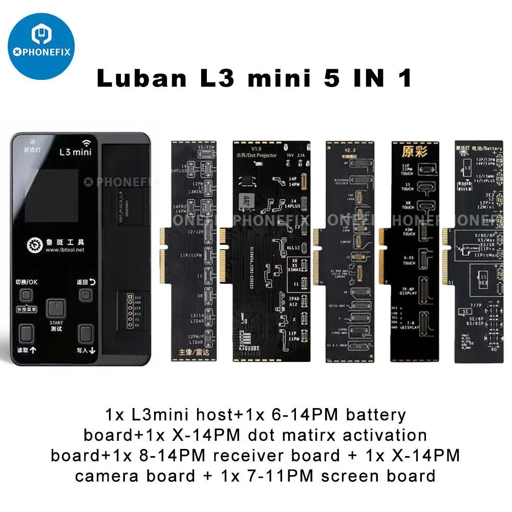 Luban L3 Mini Programmer for iPhone Face ID, Battery, and LCD repair by PHONEFIX, showing compact repair tool with circuit board.