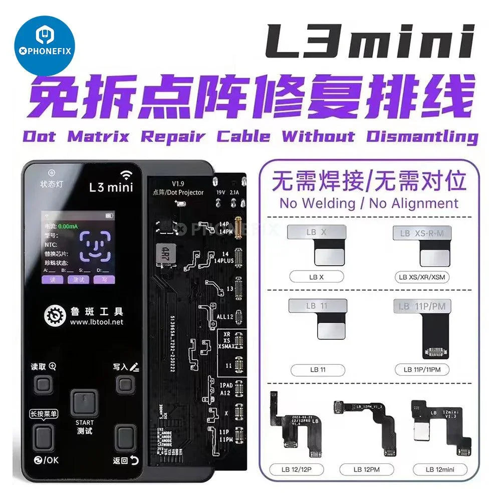 PHONEFIX Luban L3 Mini Programmer for iPhone Face ID, Battery, LCD repair, compact 2-in-1 Face ID repair tool.
