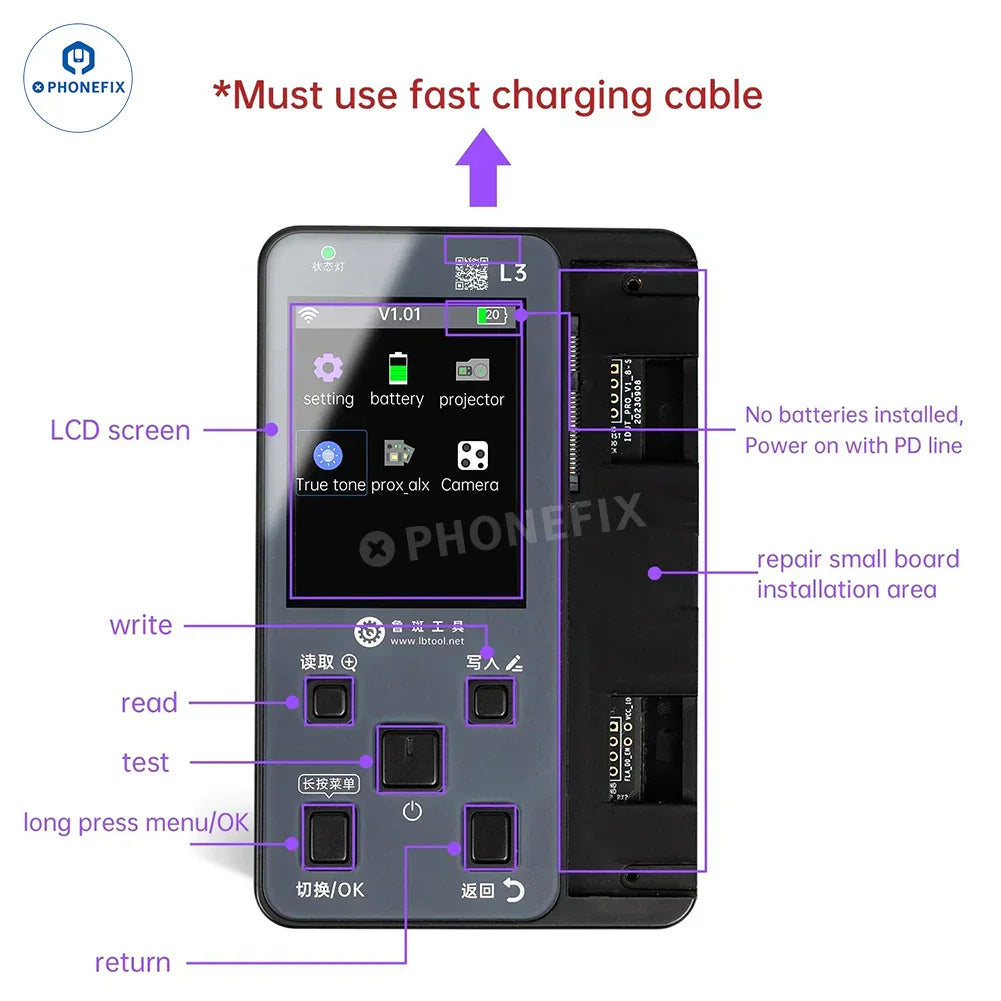 PHONEFIX LUBAN L3 Smart Programmer for iPhone 6-17 Face ID repair and screen replacement tool, showing device interface and connectors.