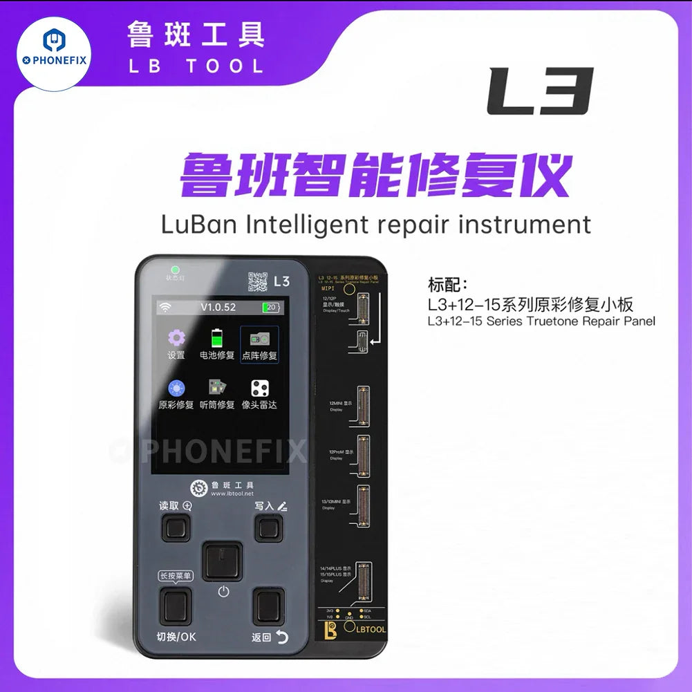 LUBAN L3 Smart Programmer by PHONEFIX for iPhone 6-17 Face ID repair, displaying device screen with repair tool in use
