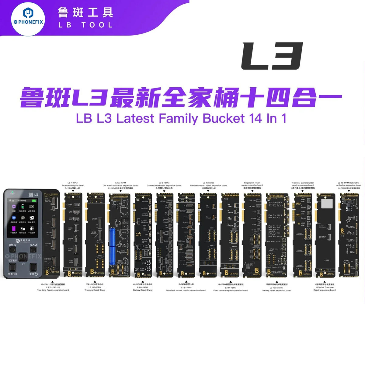 LUBAN L3 Smart Programmer by PHONEFIX for iPhone 6-17 Face ID repair, with multiple tools for battery, screen, and face ID repairs.